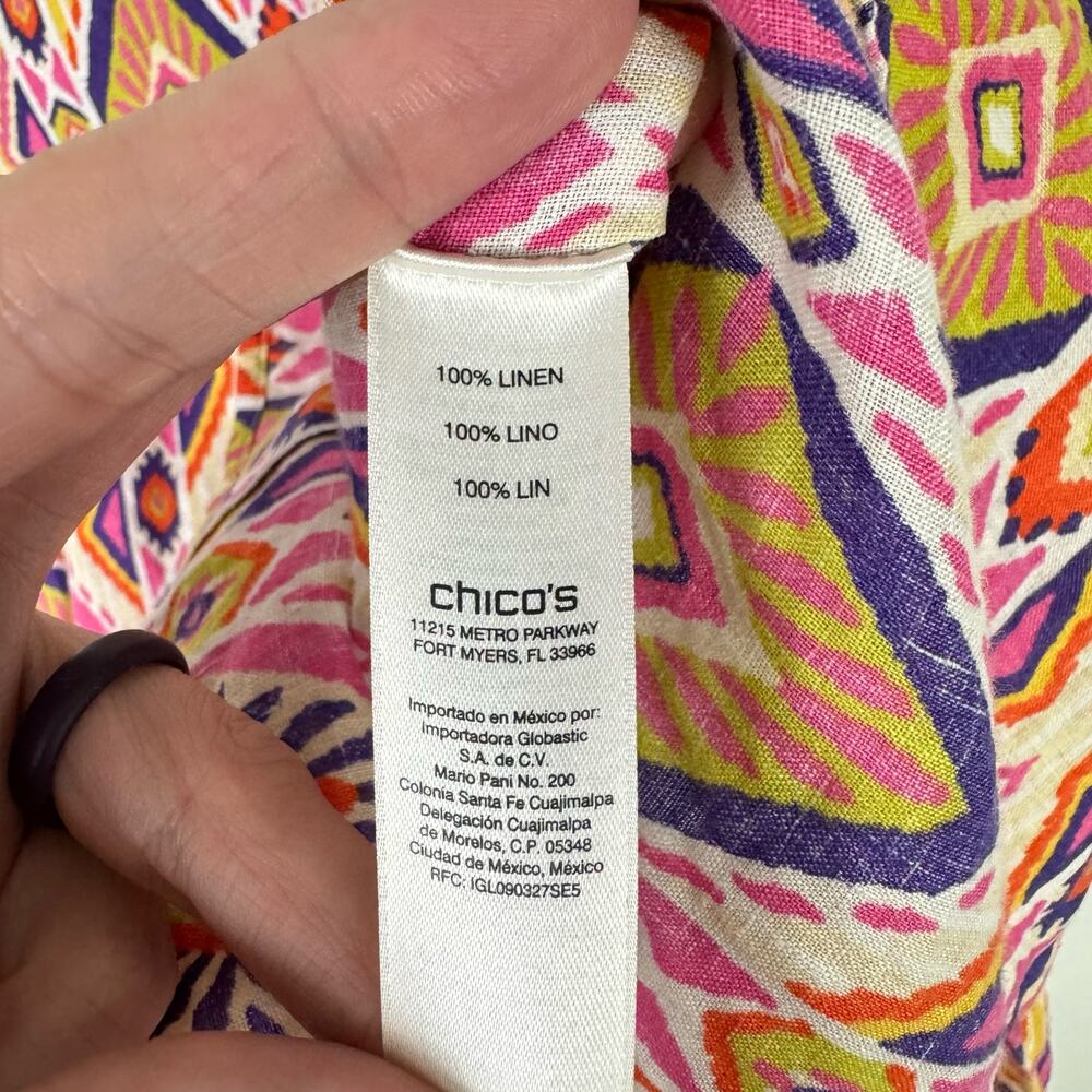 Chico's | Sz 0 Ikat 100% Linen Button-Back No Iron Colorful Button Up Shirt - Picture 12 of 14